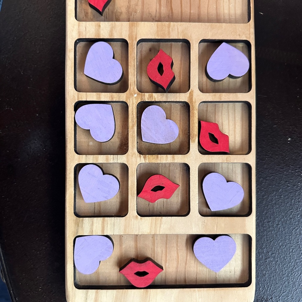 Wooden Tic-Tac-Toe Game with Hearts and Lips